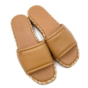 NEW Tory Burch Espadrille Slide Sandals Flat Platform Tan Leather
